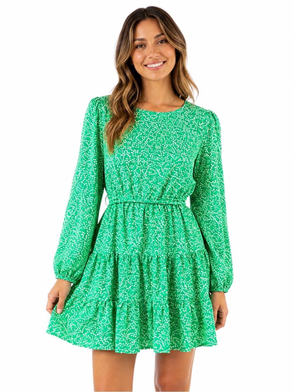 Draper James Green Speckled Tiered Long-Sleeve Dress